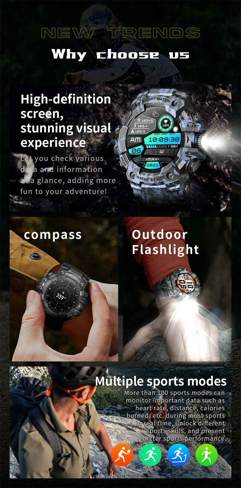 Military Outdoor Smart Watch with Bluetooth Call & 100+ Sports Modes - Image 8