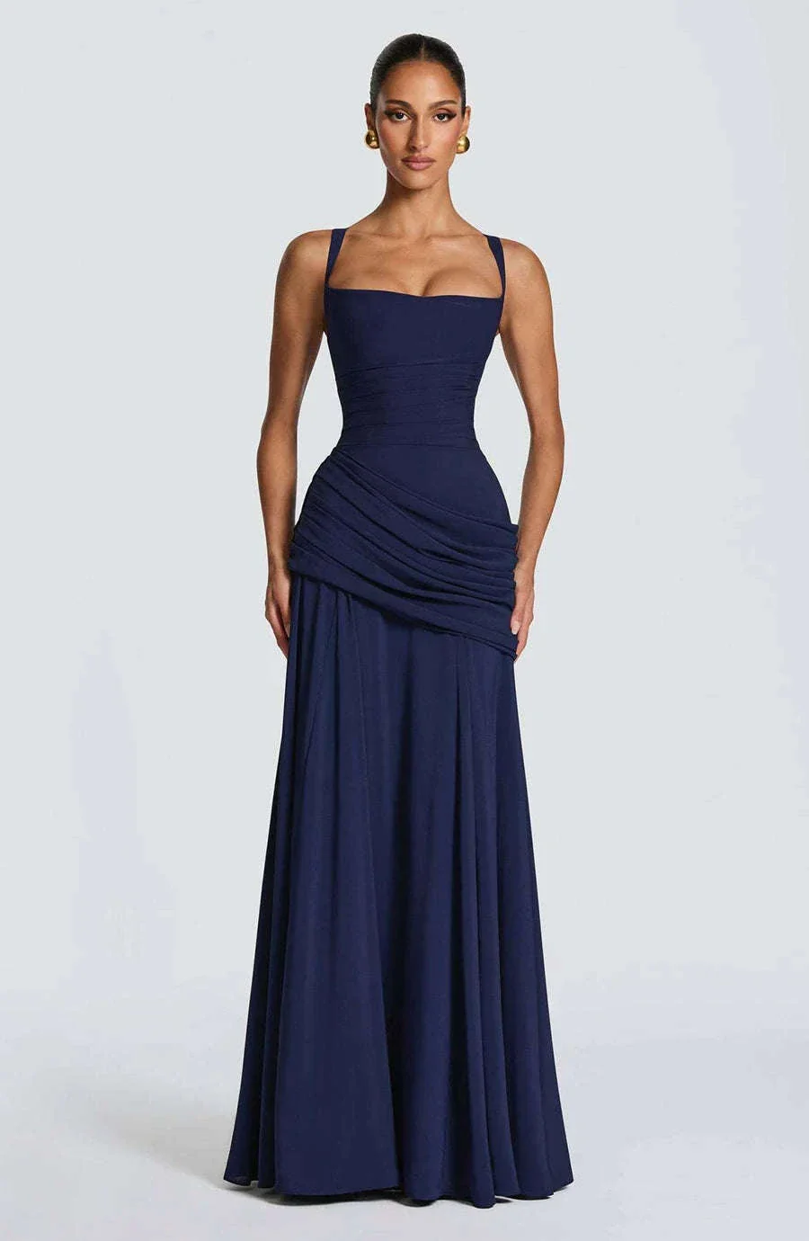Women’s Elegant Ruched Backless Maxi Dress with Square Neck - Image 13