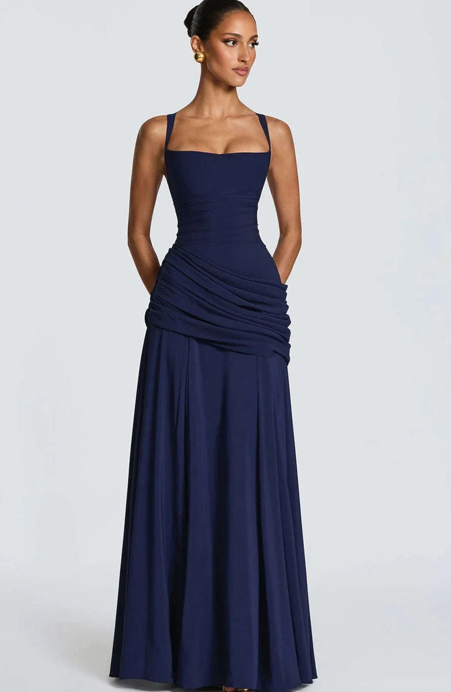 Women’s Elegant Ruched Backless Maxi Dress with Square Neck - Image 15
