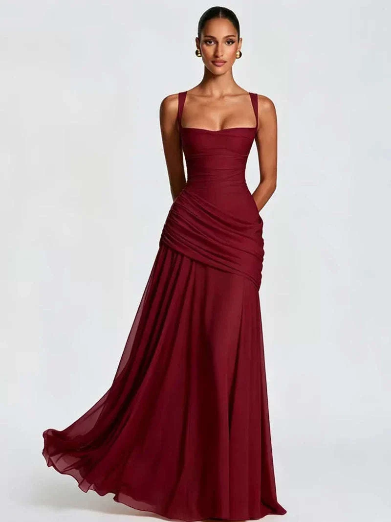 Women’s Elegant Ruched Backless Maxi Dress with Square Neck - Image 27