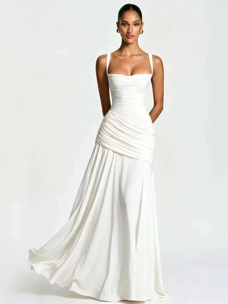 Women’s Elegant Ruched Backless Maxi Dress with Square Neck - Image 28