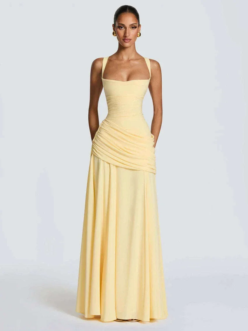 Women’s Elegant Ruched Backless Maxi Dress with Square Neck - Image 3
