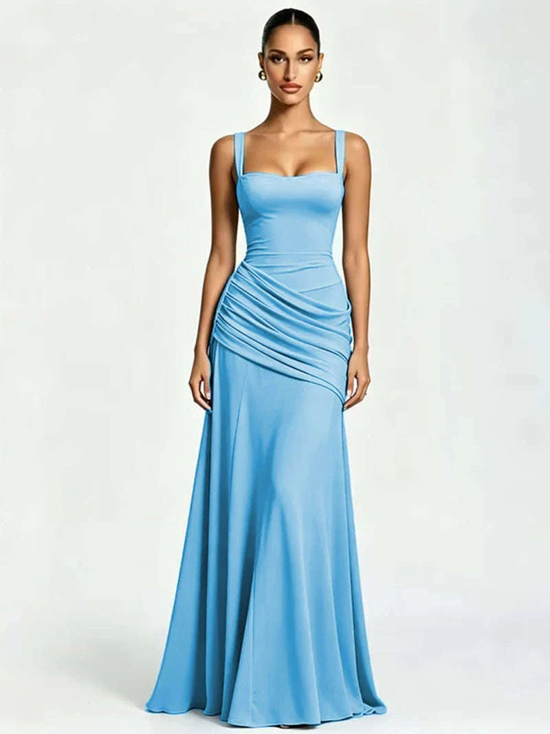 Women’s Elegant Ruched Backless Maxi Dress with Square Neck - Image 30