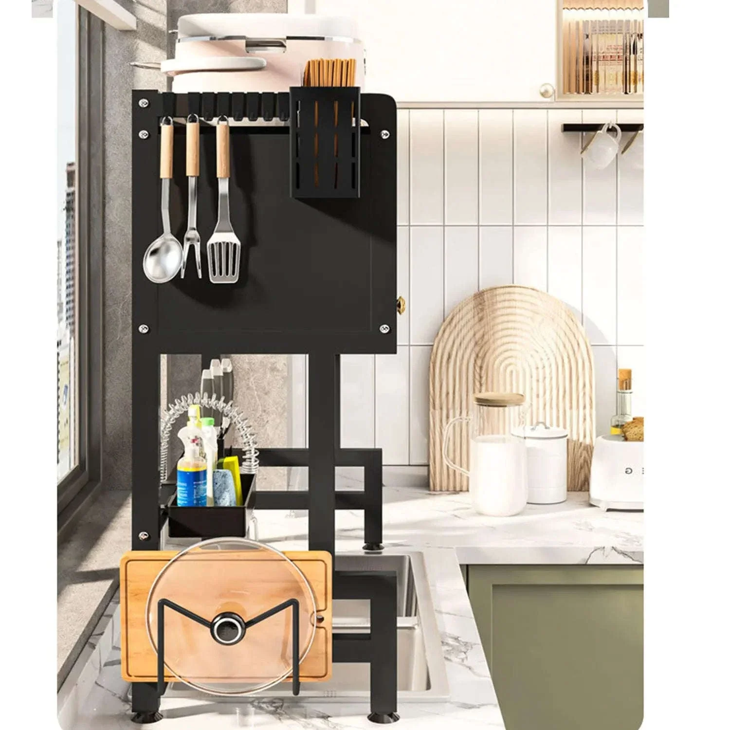 Over Sink Dish Drying Rack 2-Tier with Flip Cover Storage Shelf - Image 12