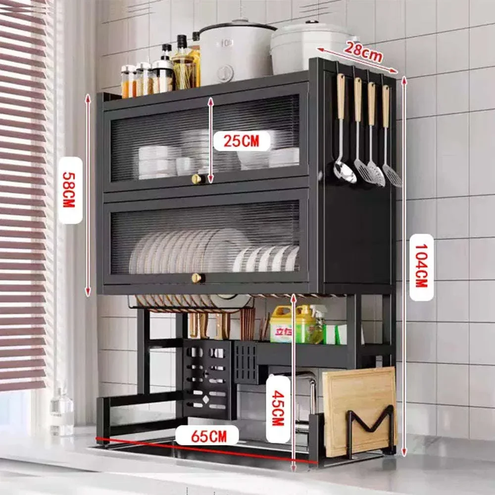 Over Sink Dish Drying Rack 2-Tier with Flip Cover Storage Shelf - Image 19