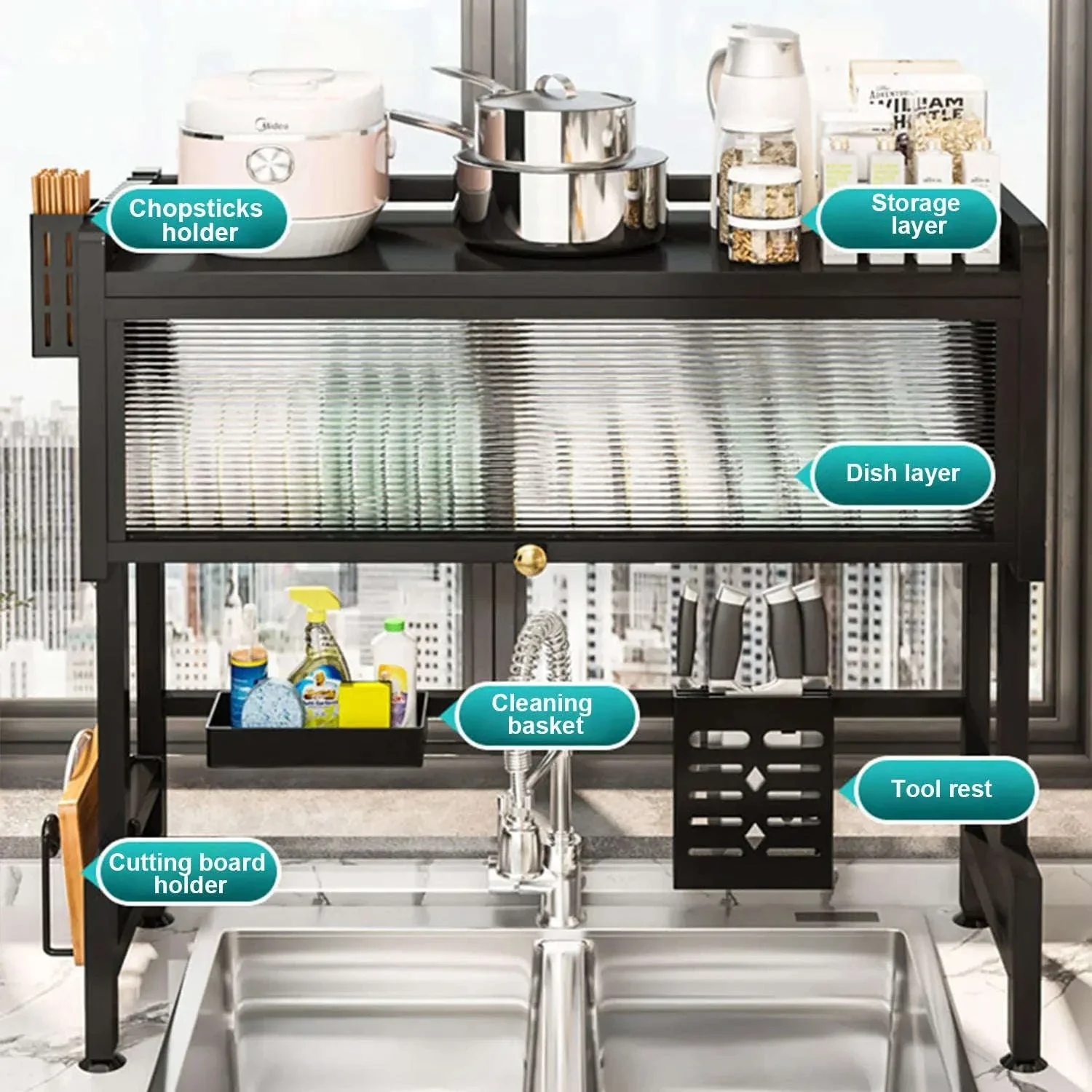 Over Sink Dish Drying Rack 2-Tier with Flip Cover Storage Shelf - Image 3