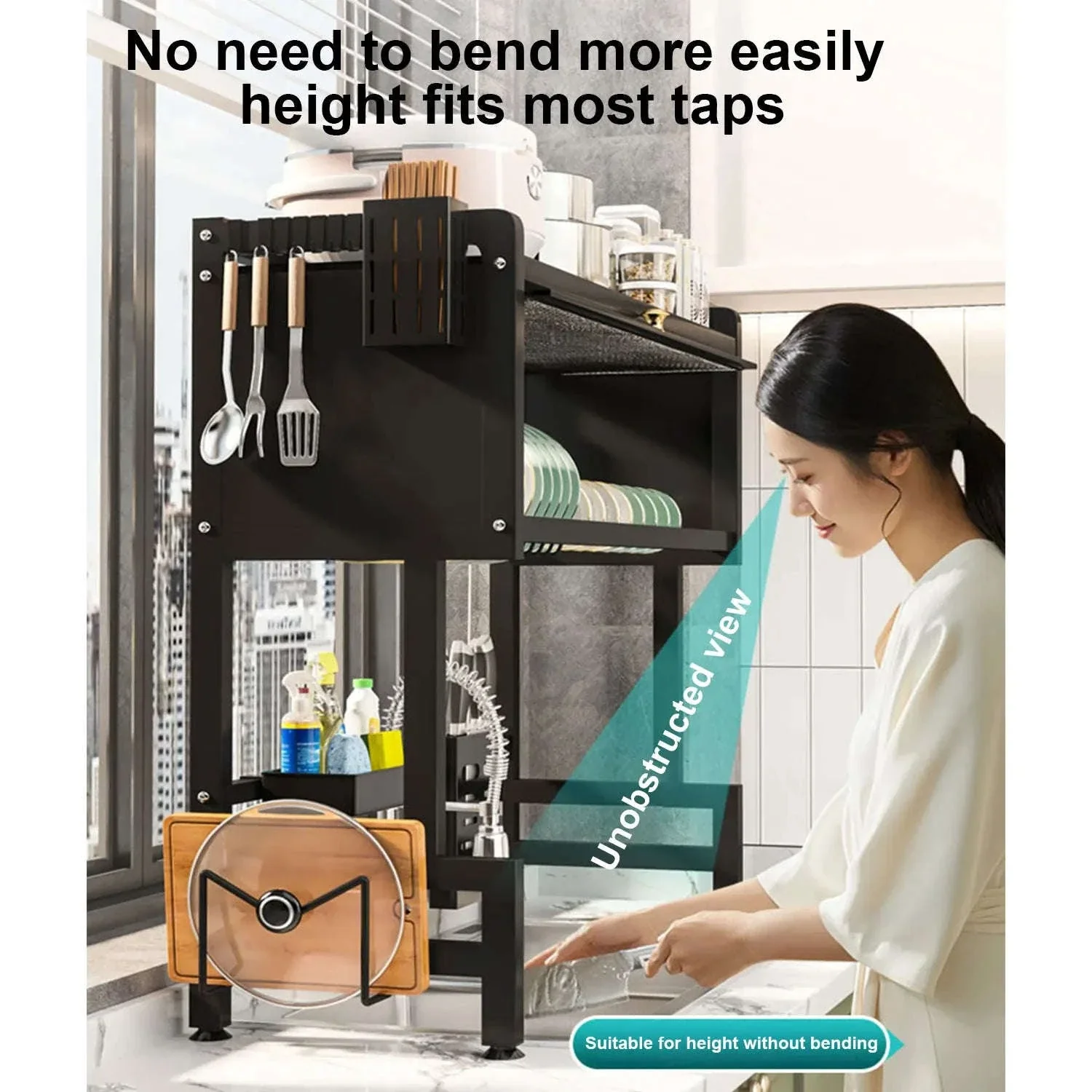 Over Sink Dish Drying Rack 2-Tier with Flip Cover Storage Shelf - Image 5