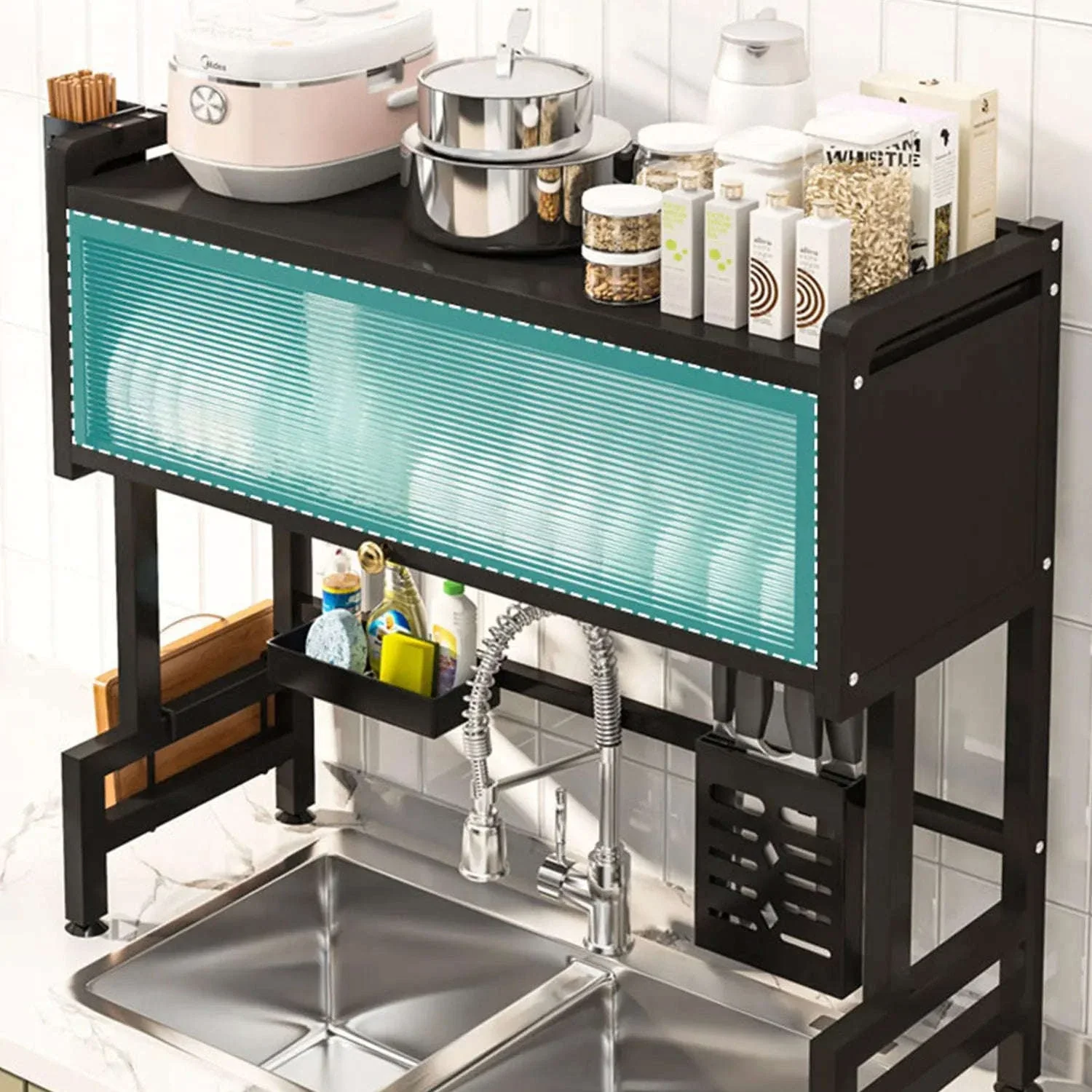 Over Sink Dish Drying Rack 2-Tier with Flip Cover Storage Shelf - Image 7