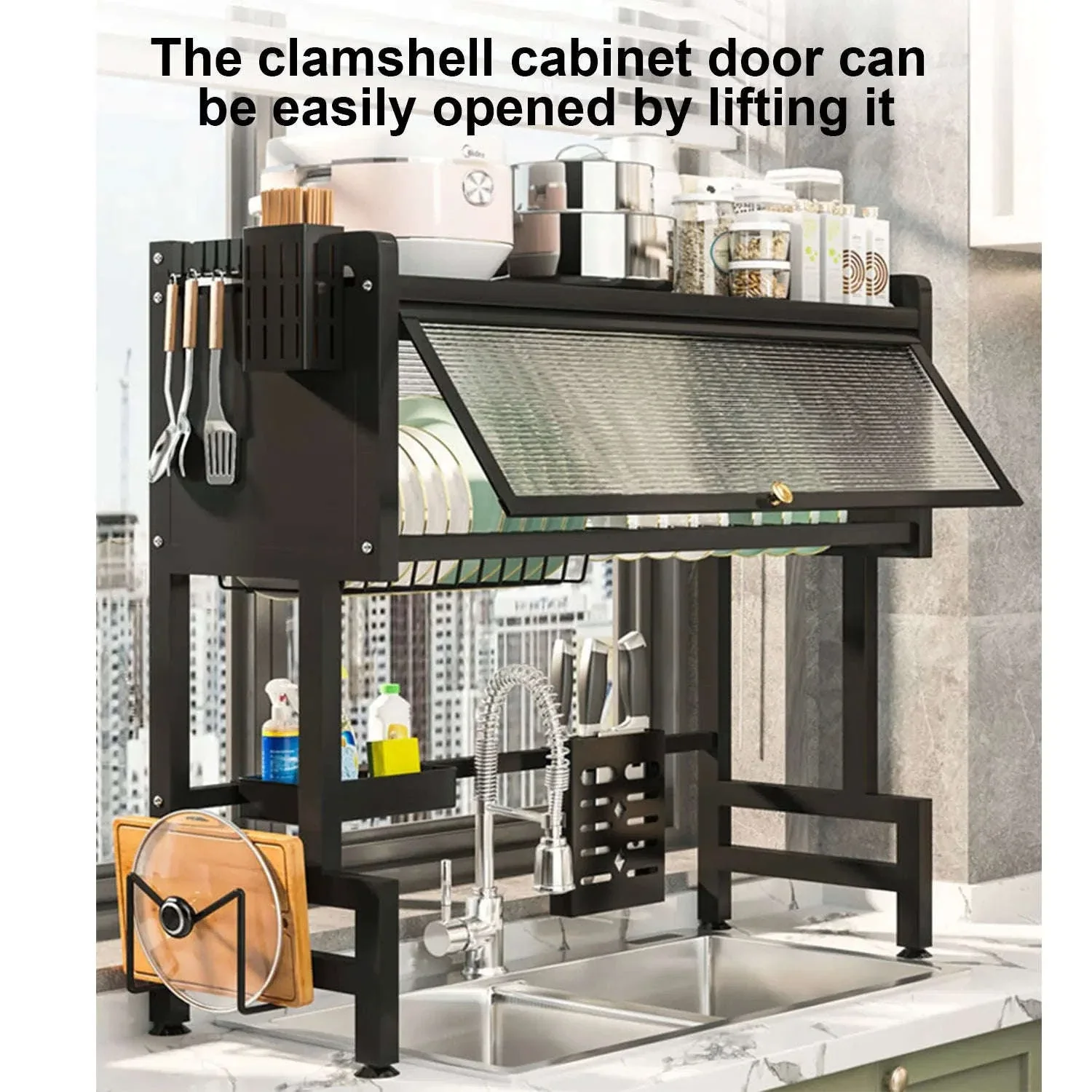 Over Sink Dish Drying Rack 2-Tier with Flip Cover Storage Shelf - Image 9