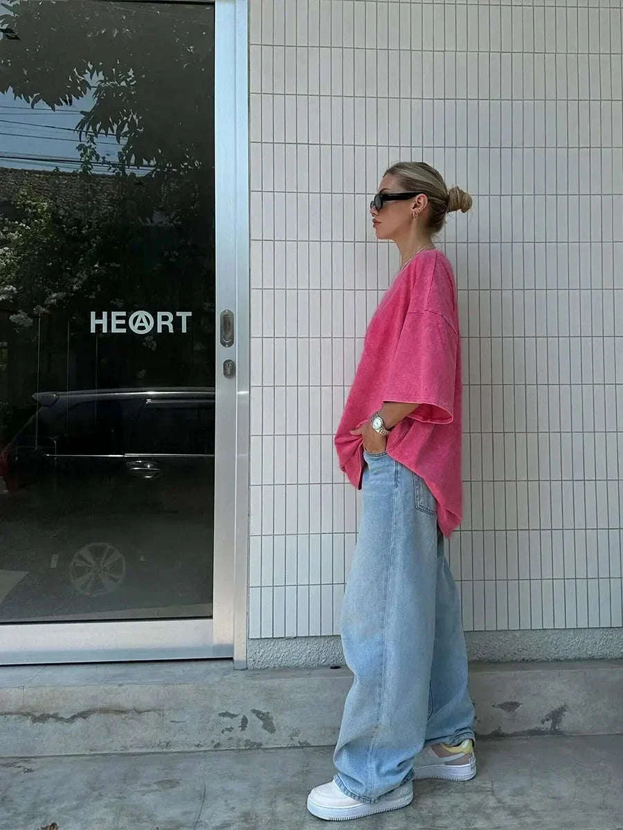 Oversized Cotton T-Shirt Loose Fit Solid Color Casual Tee - Image 11