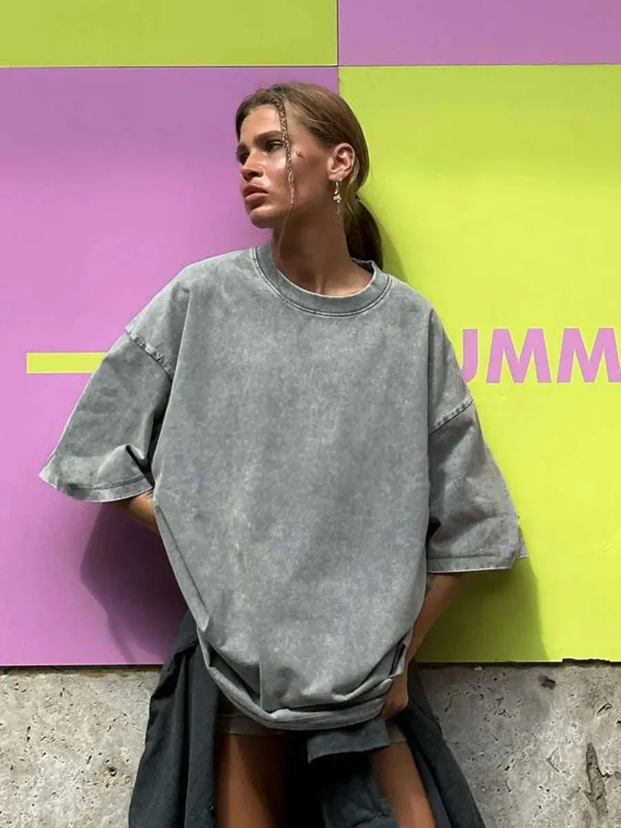 Oversized Cotton T-Shirt Loose Fit Solid Color Casual Tee - Image 12