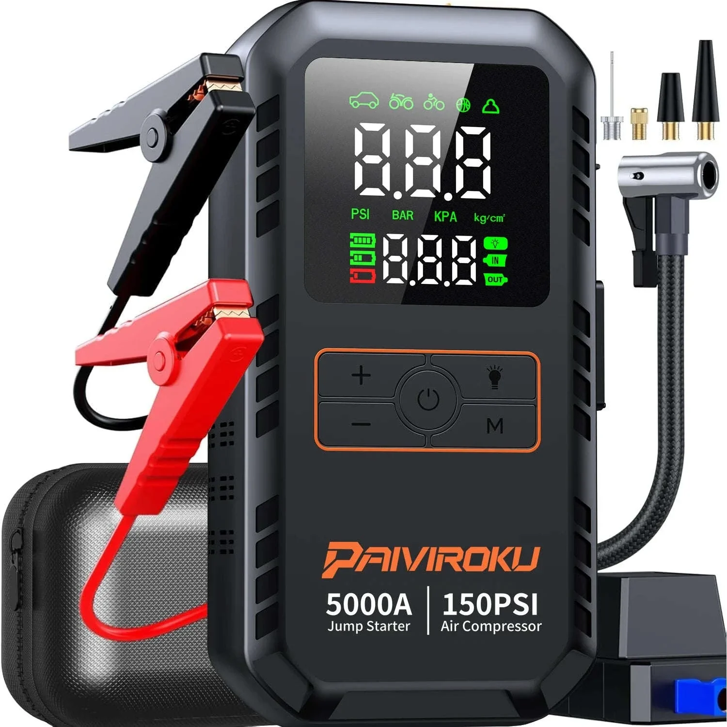 4-in-1 Car Jump Starter with Air Compressor, 150 PSI Tire Inflator, Power Bank