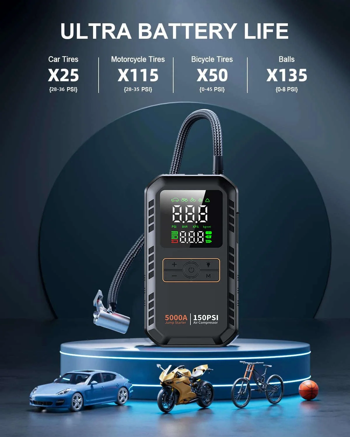 4-in-1 Car Jump Starter with Air Compressor, 150 PSI Tire Inflator, Power Bank - Image 13