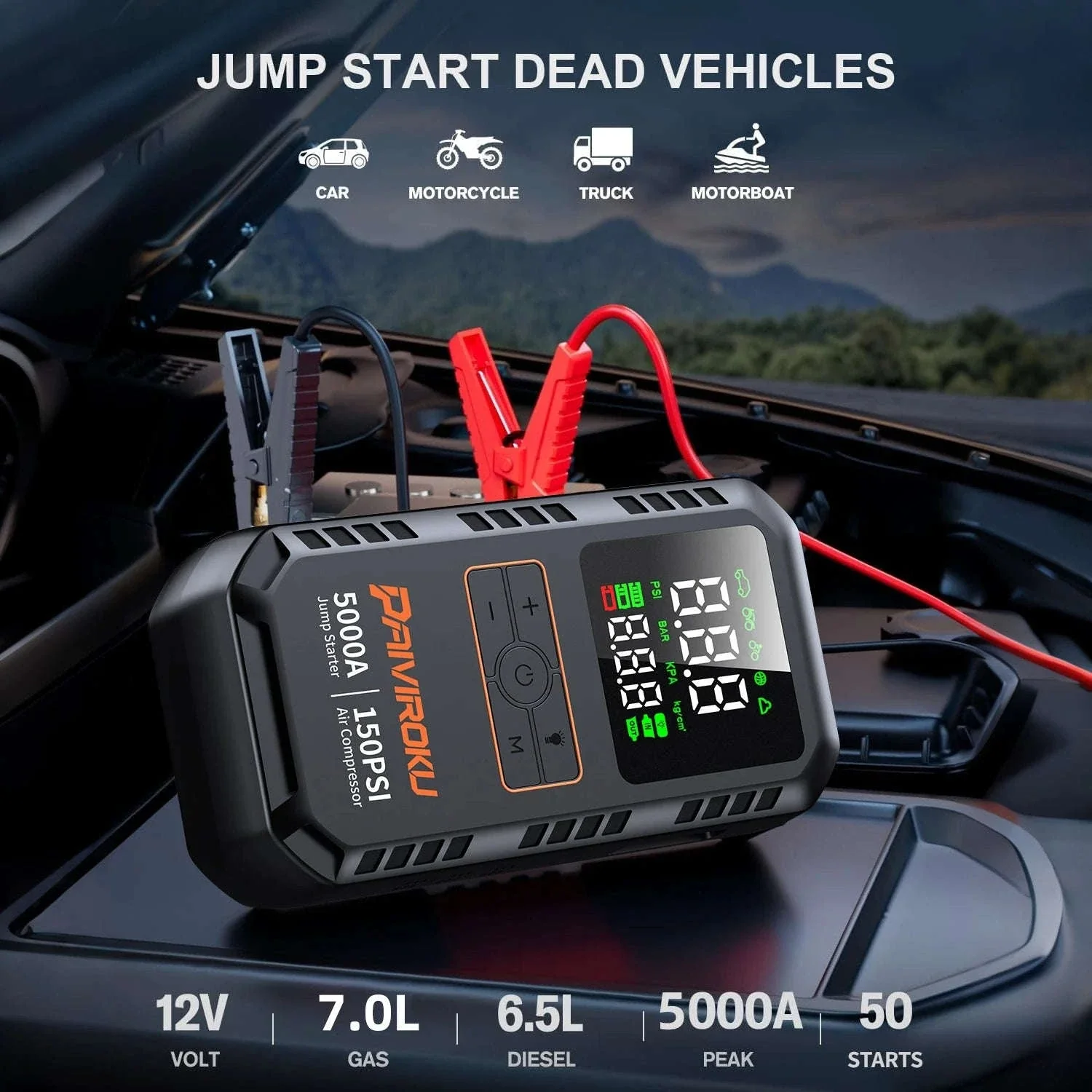 4-in-1 Car Jump Starter with Air Compressor, 150 PSI Tire Inflator, Power Bank - Image 2