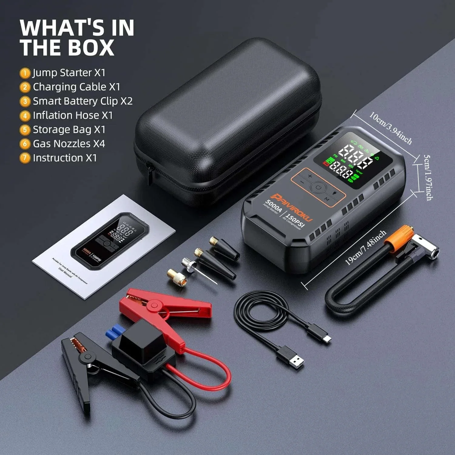4-in-1 Car Jump Starter with Air Compressor, 150 PSI Tire Inflator, Power Bank - Image 22