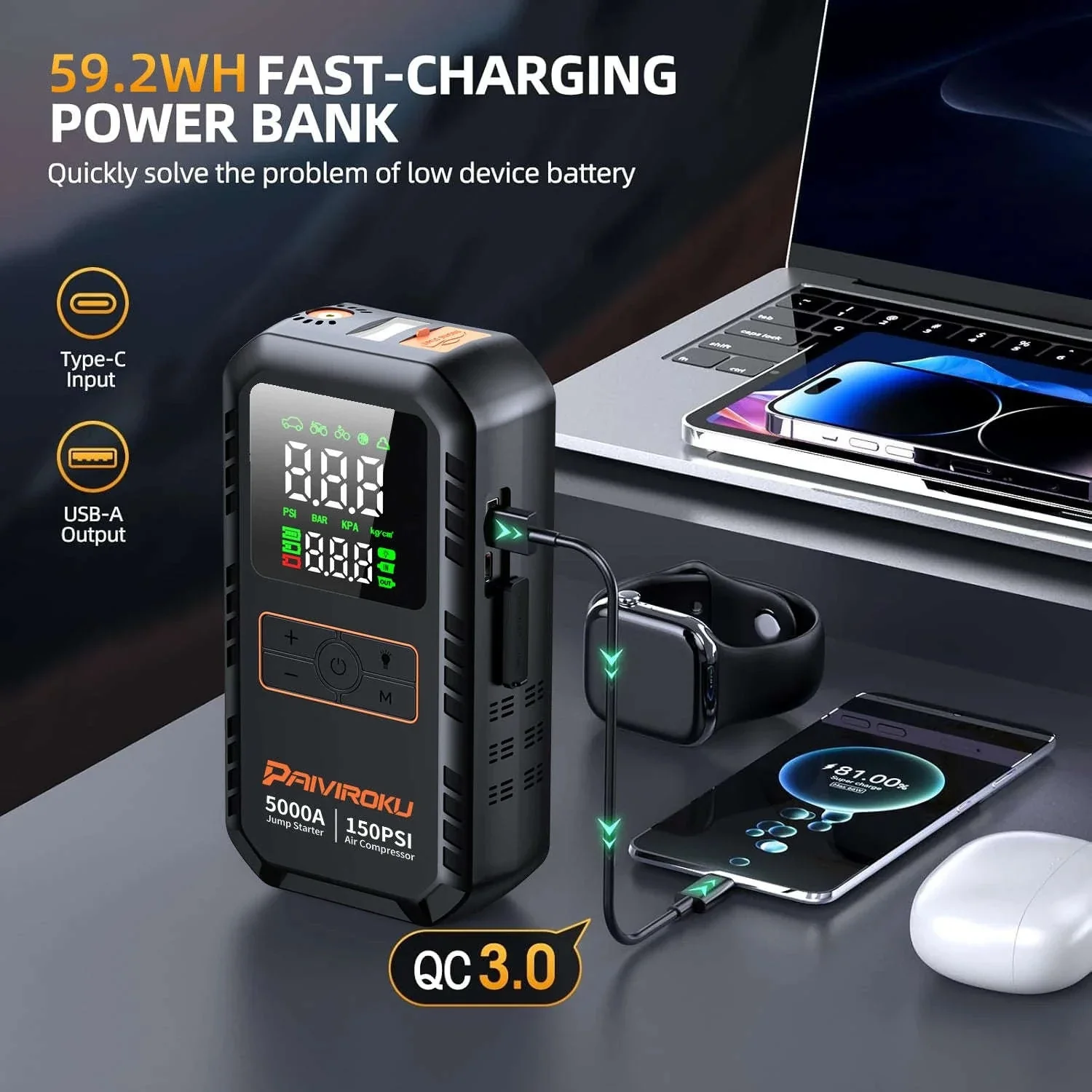 4-in-1 Car Jump Starter with Air Compressor, 150 PSI Tire Inflator, Power Bank - Image 5