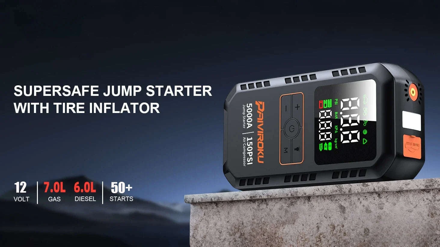 4-in-1 Car Jump Starter with Air Compressor, 150 PSI Tire Inflator, Power Bank - Image 7