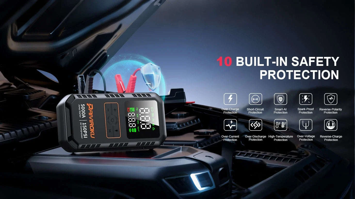 4-in-1 Car Jump Starter with Air Compressor, 150 PSI Tire Inflator, Power Bank - Image 8