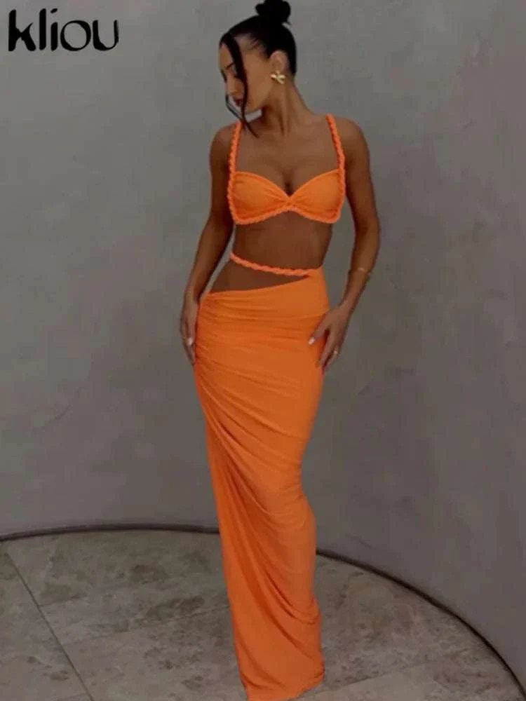 Pleated Crop Top and High Waist Maxi Skirt Two Piece Set - Image 2