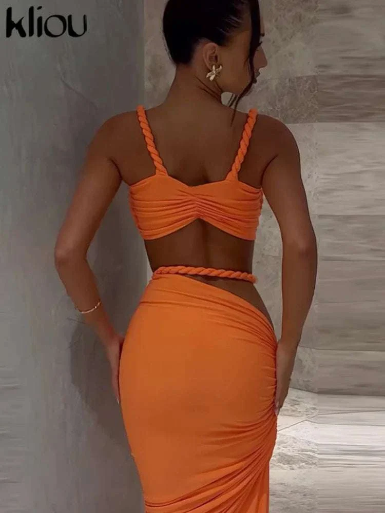 Pleated Crop Top and High Waist Maxi Skirt Two Piece Set - Image 30