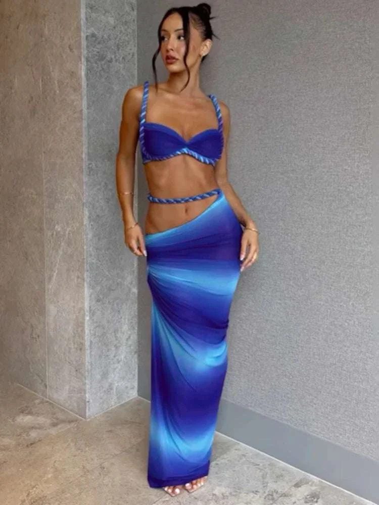 Pleated Crop Top and High Waist Maxi Skirt Two Piece Set - Image 34
