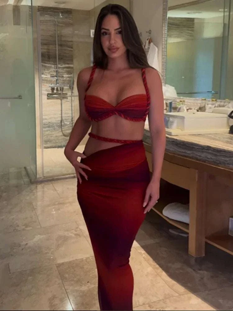 Pleated Crop Top and High Waist Maxi Skirt Two Piece Set - Image 39