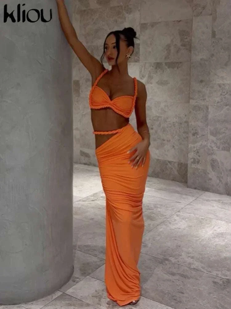 Pleated Crop Top and High Waist Maxi Skirt Two Piece Set - Image 4
