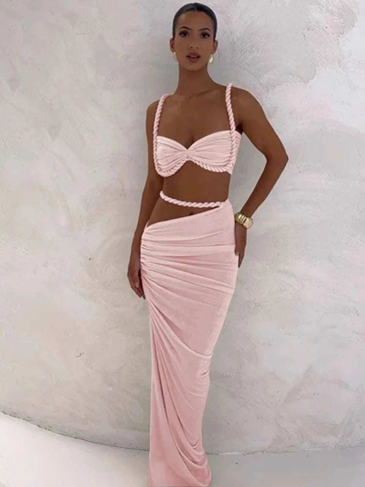 Pleated Crop Top and High Waist Maxi Skirt Two Piece Set - Image 44