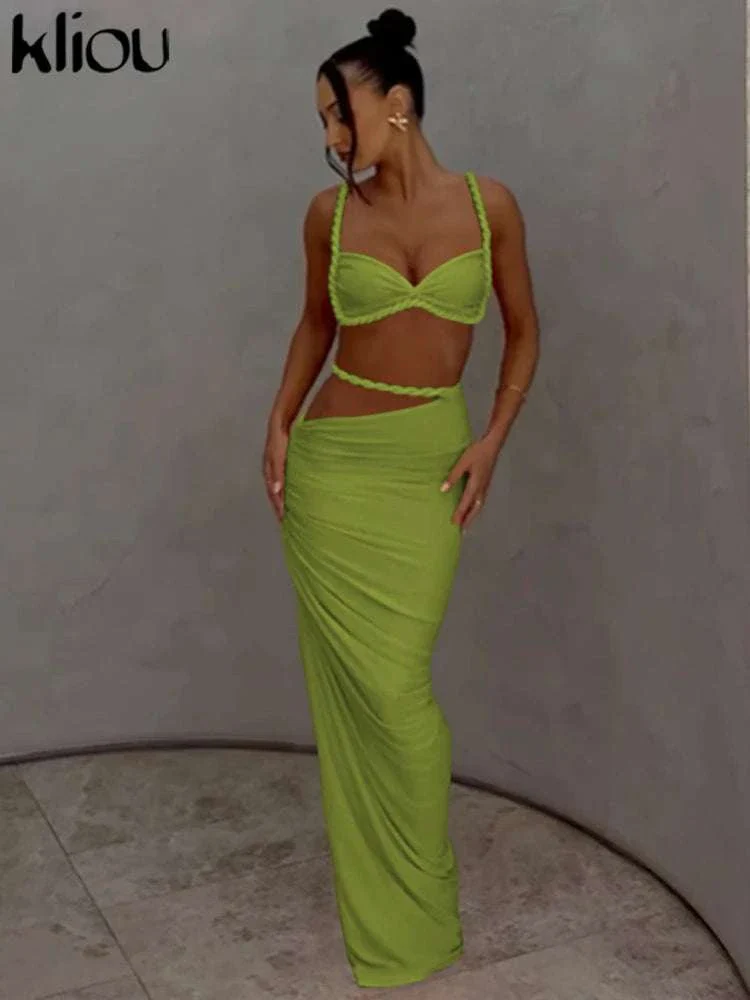 Pleated Crop Top and High Waist Maxi Skirt Two Piece Set - Image 50