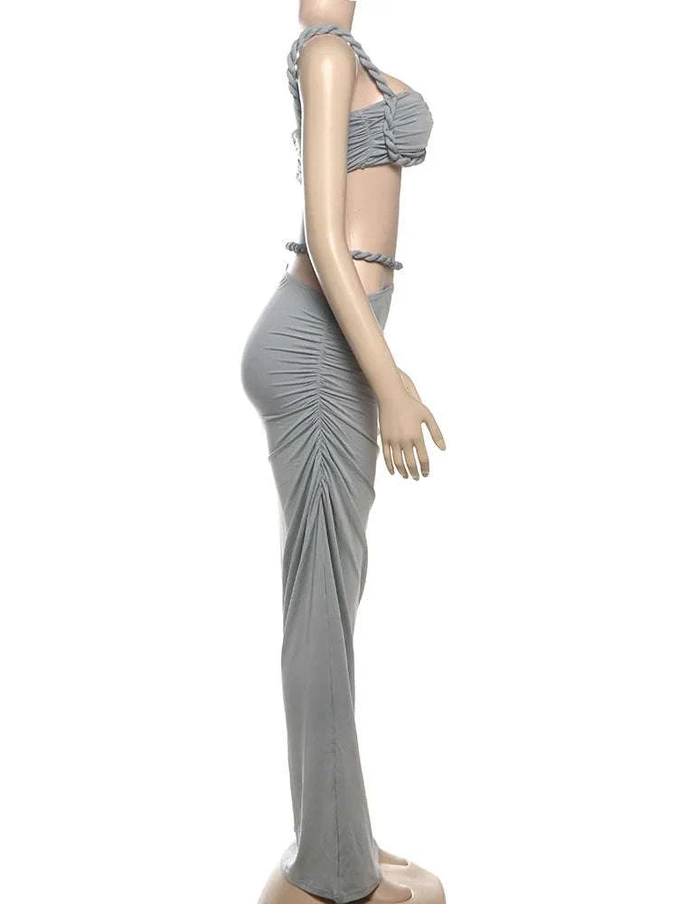 Pleated Crop Top and High Waist Maxi Skirt Two Piece Set - Image 7
