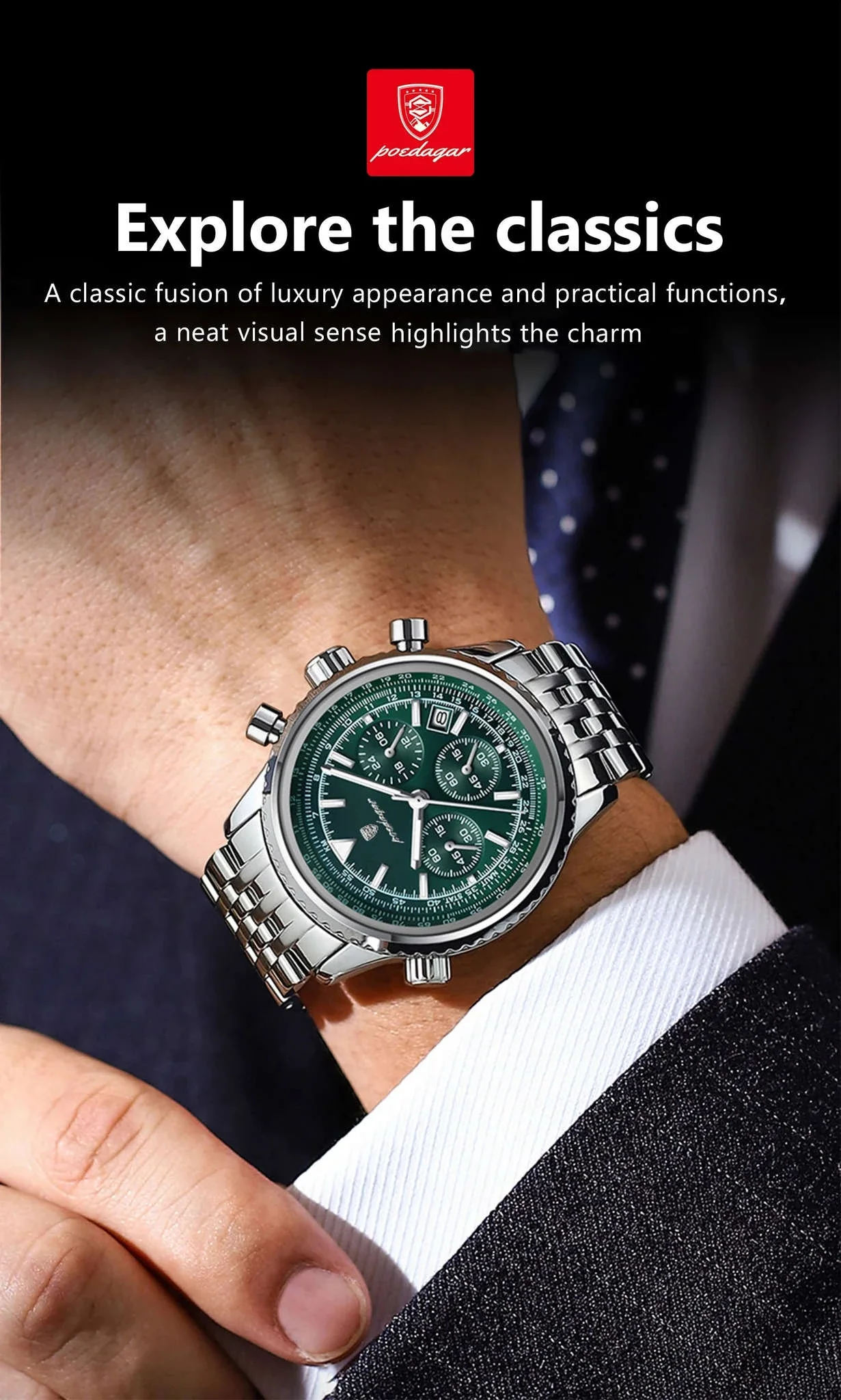 POEDAGAR Men’s Chronograph Watch with Luminous Dial - Image 9