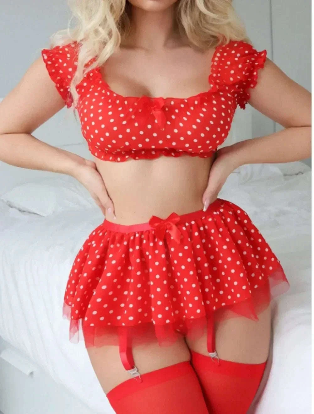 Polka Dot Lingerie Set with Garter Straps & Puffy Mini Skirt - Image 15