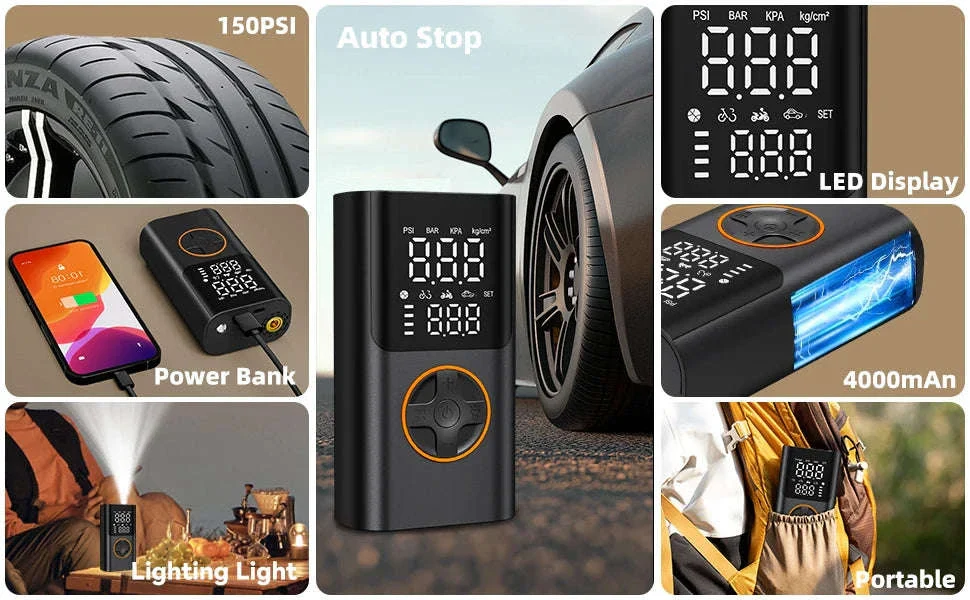Portable 150PSI Tire Inflator Air Pump with Power Bank & LED Light - Image 8