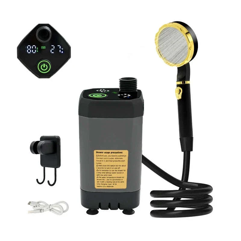 Portable Camping Shower Pump Kit with Digital Display and 6000mAh Battery