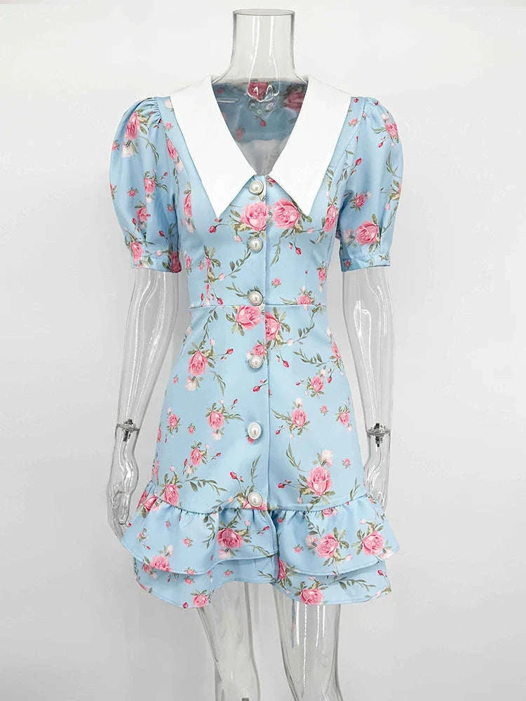 Puff Sleeves Ruffled Mini Dress with Floral Charm - Image 12