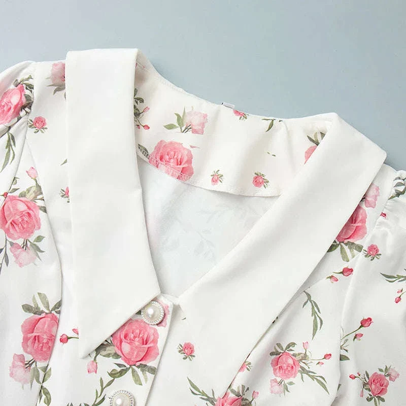 Puff Sleeves Ruffled Mini Dress with Floral Charm - Image 13
