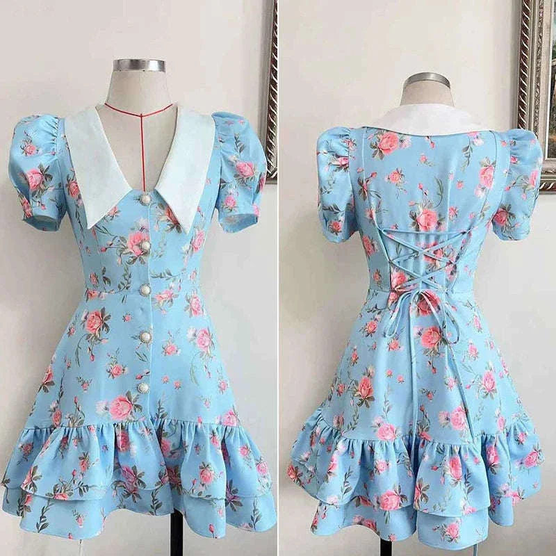 Puff Sleeves Ruffled Mini Dress with Floral Charm - Image 5