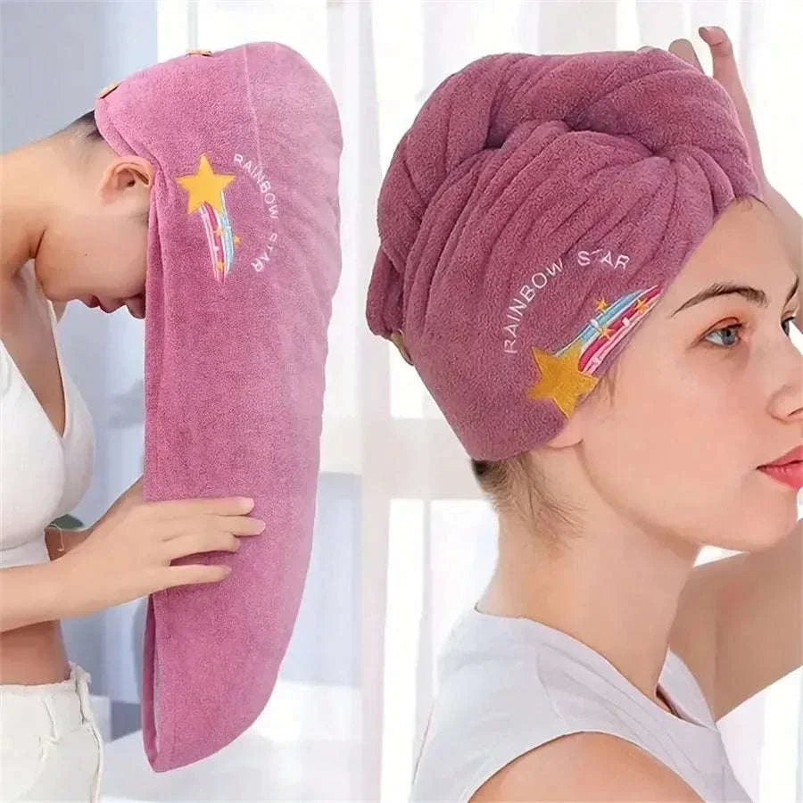 Quick-Dry Coral Fleece Hair Towel Wrap with Embroidery