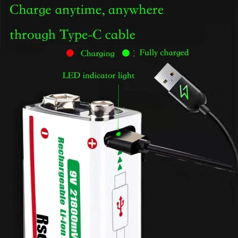 Rechargeable 9V Lithium Battery 21800mWh USB-C Fast Charge - Image 2