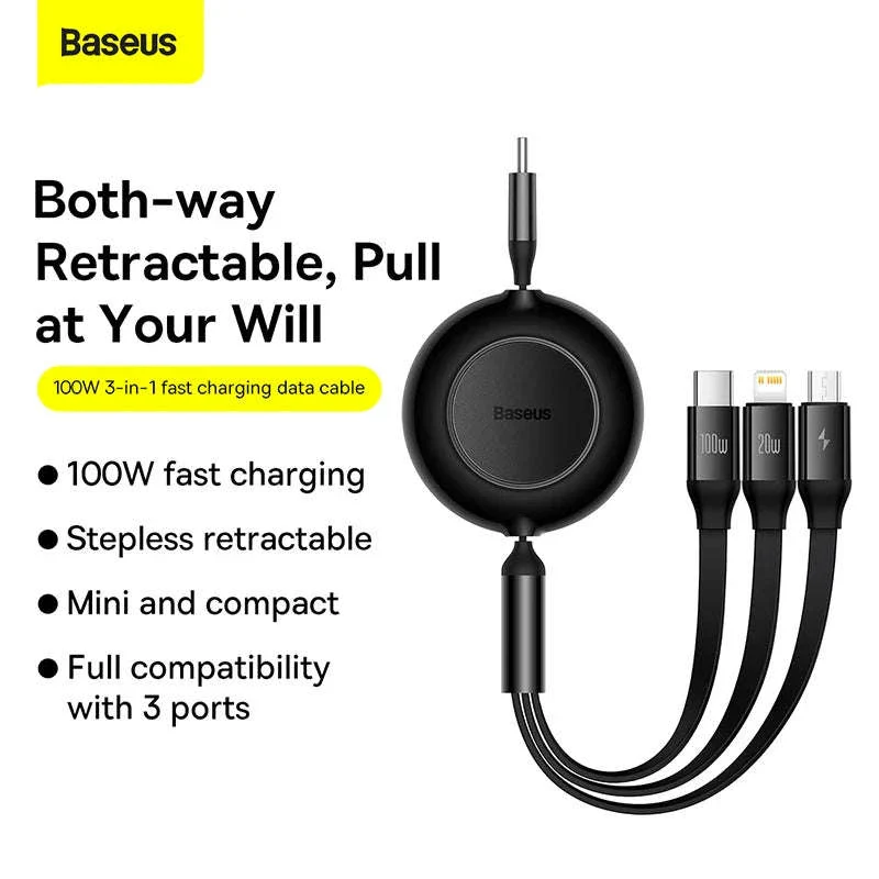 Retractable 100W 3-in-1 USB-C Charging Cable for Laptop & Phone - Image 3