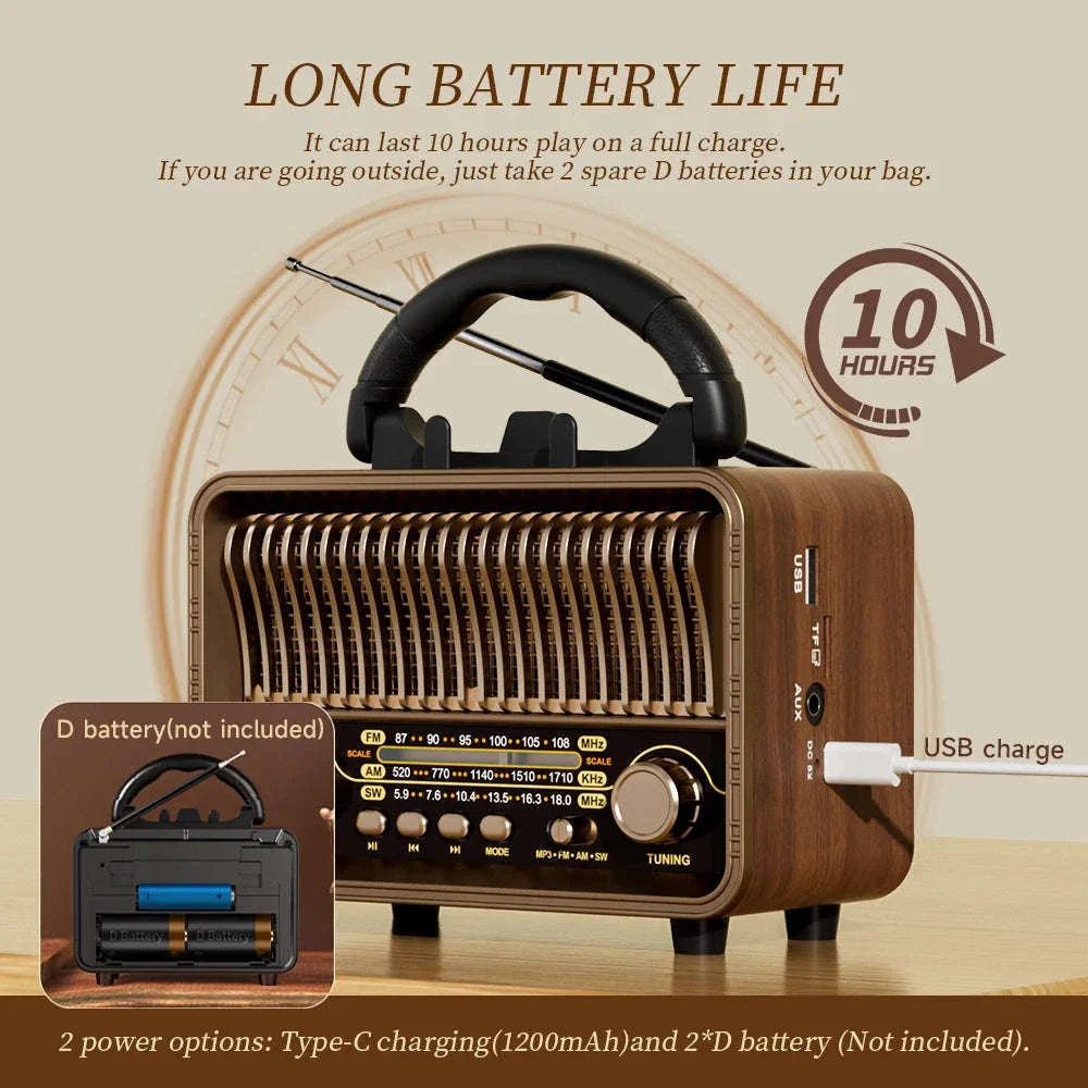 Retro Wireless Radio AM/FM/SW Portable with Bluetooth and Rechargeable Battery - Image 4
