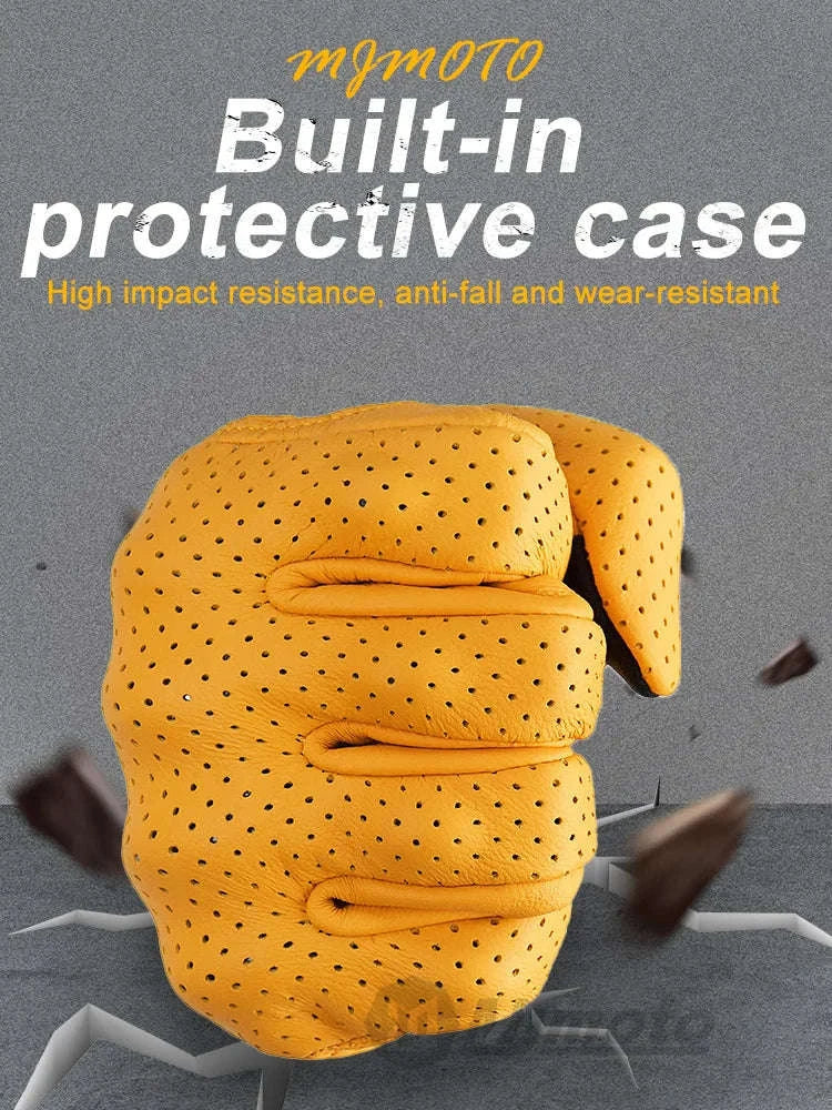 Retro Yellow Leather Motorcycle Gloves with Knuckle Protection - Image 11