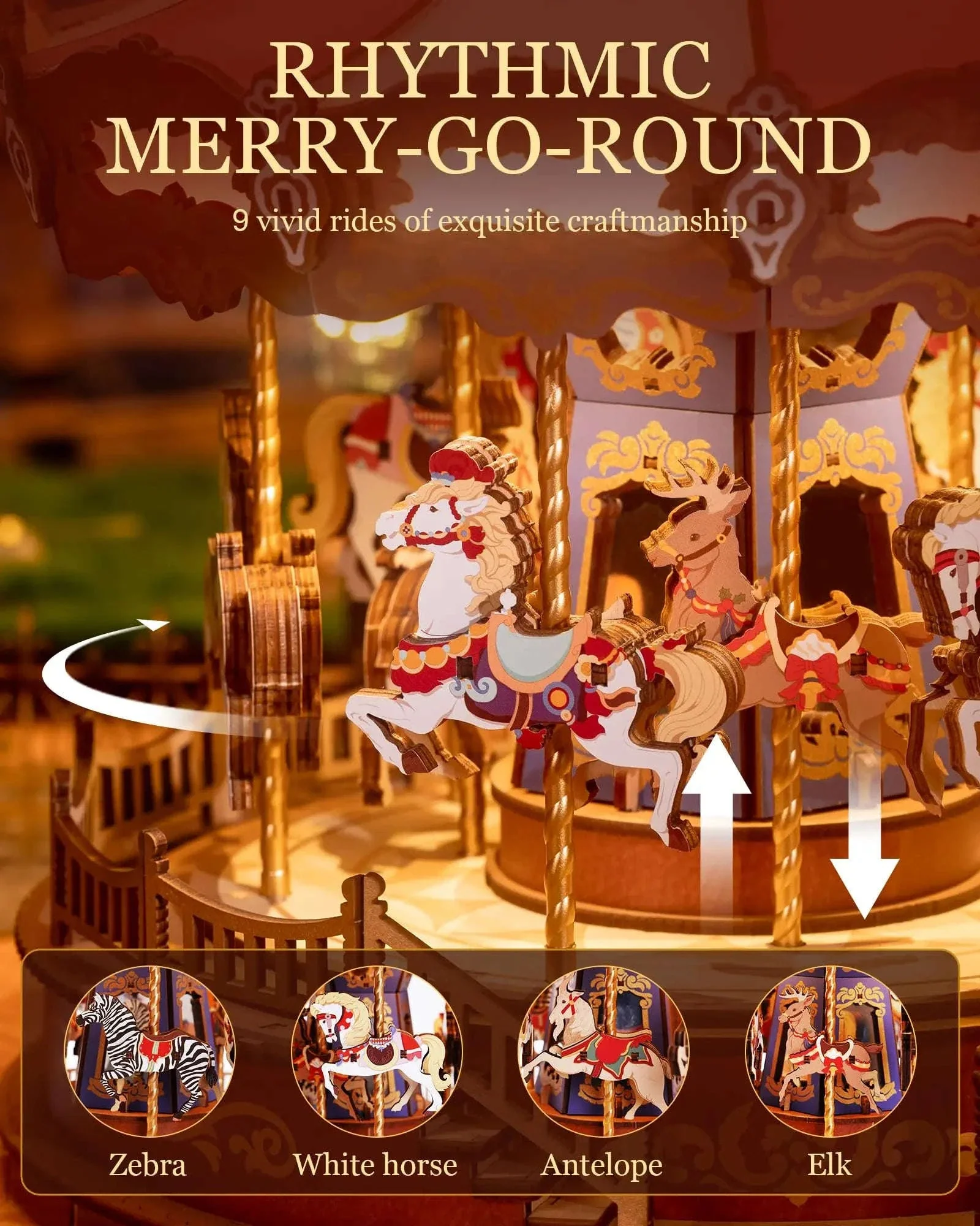 Robotime Rolife Classic Carousel Music Box 3D Wooden Puzzle - Image 3