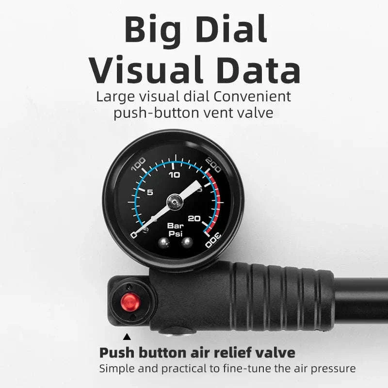 300PSI Bicycle Shock & Tire Pump with Gauge for MTB & Road - Image 3
