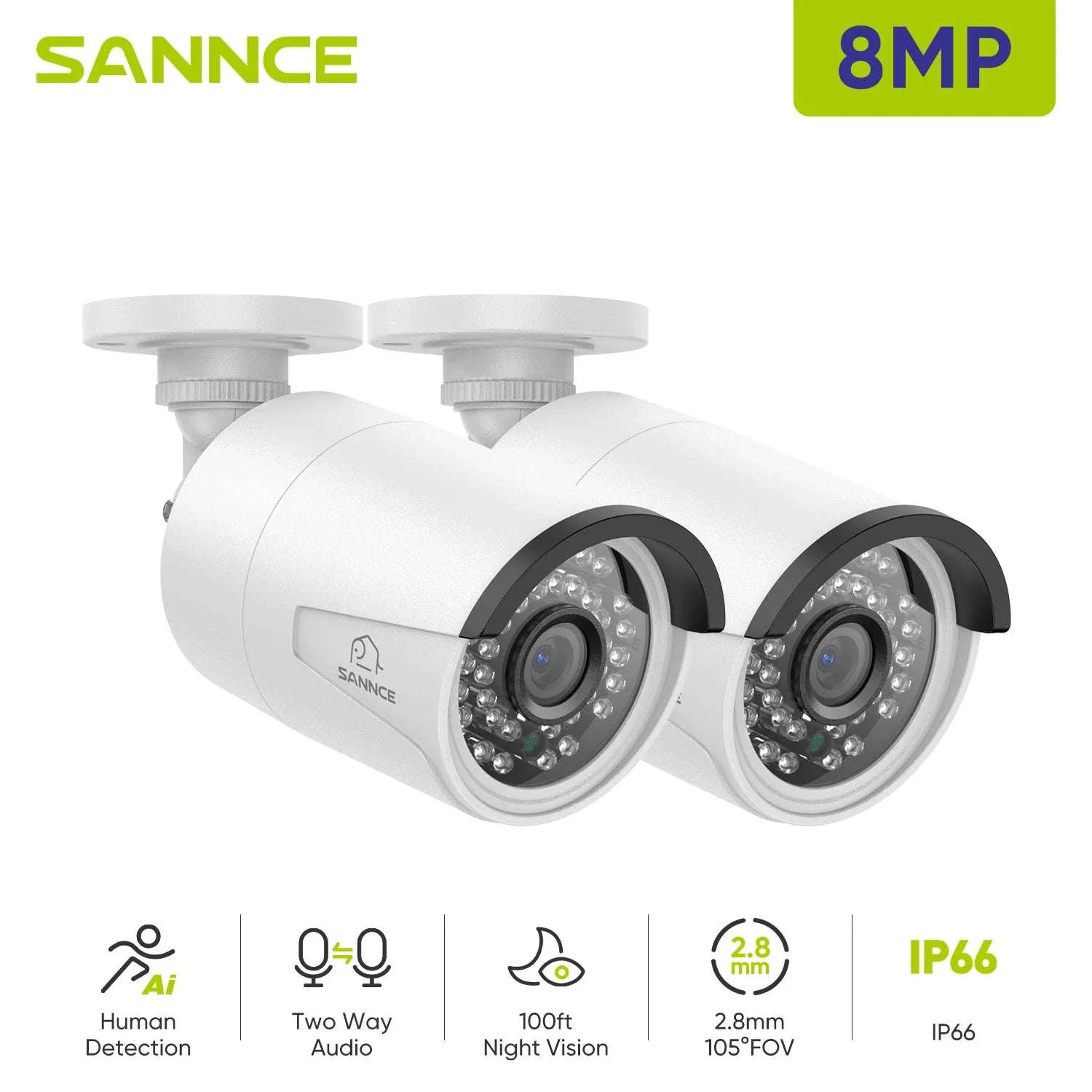 SANNCE 4K 8MP PoE IP Security Camera 2-Pack, Weatherproof