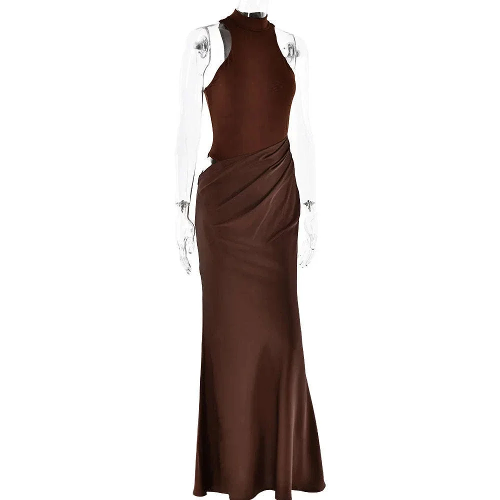 Black Satin Hollow-Out Maxi Dress for Bold Evening Style - Image 11