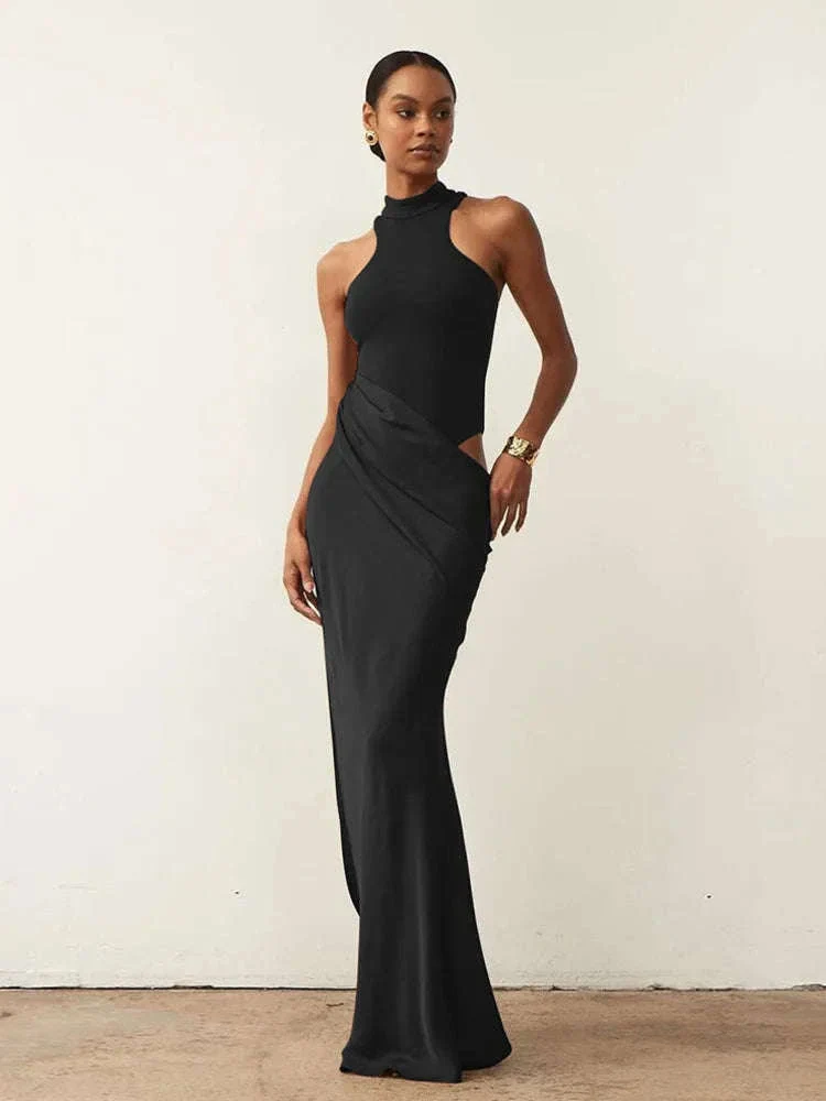 Black Satin Hollow-Out Maxi Dress for Bold Evening Style - Image 4