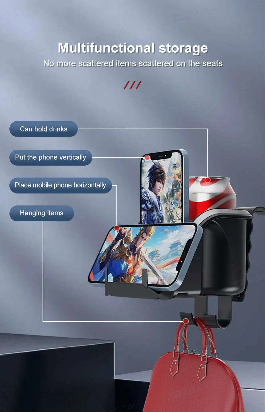 3 in 1 Car Headrest Cup Holder with Phone Mount and Hook - Image 12