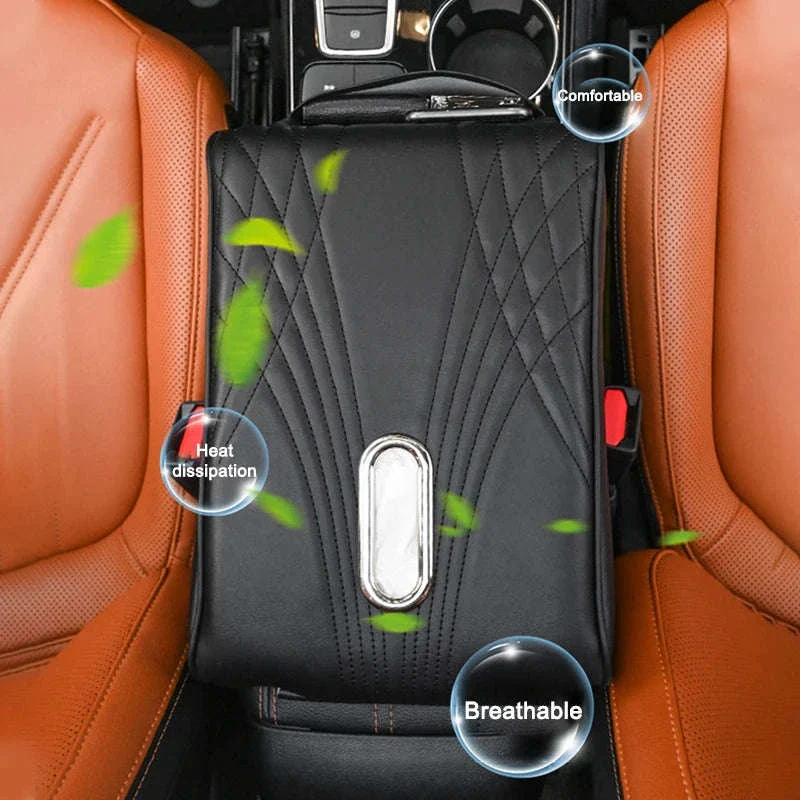 Car Armrest Cushion with Tissue Holder and Storage Pocket - Image 3