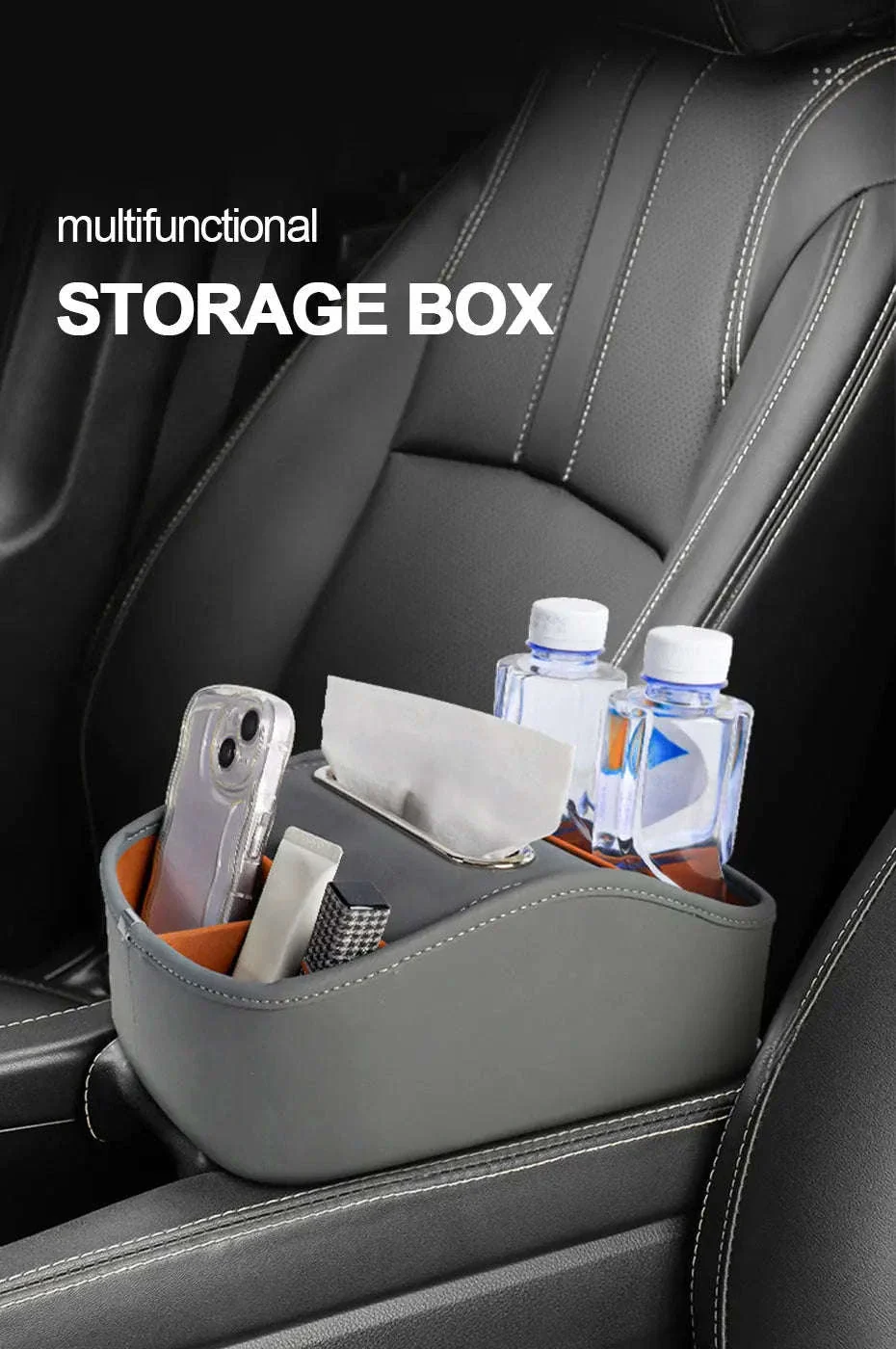 Car Armrest Box Universal Center Console Organizer PU Leather Storage Box Tissue Holder - Image 9